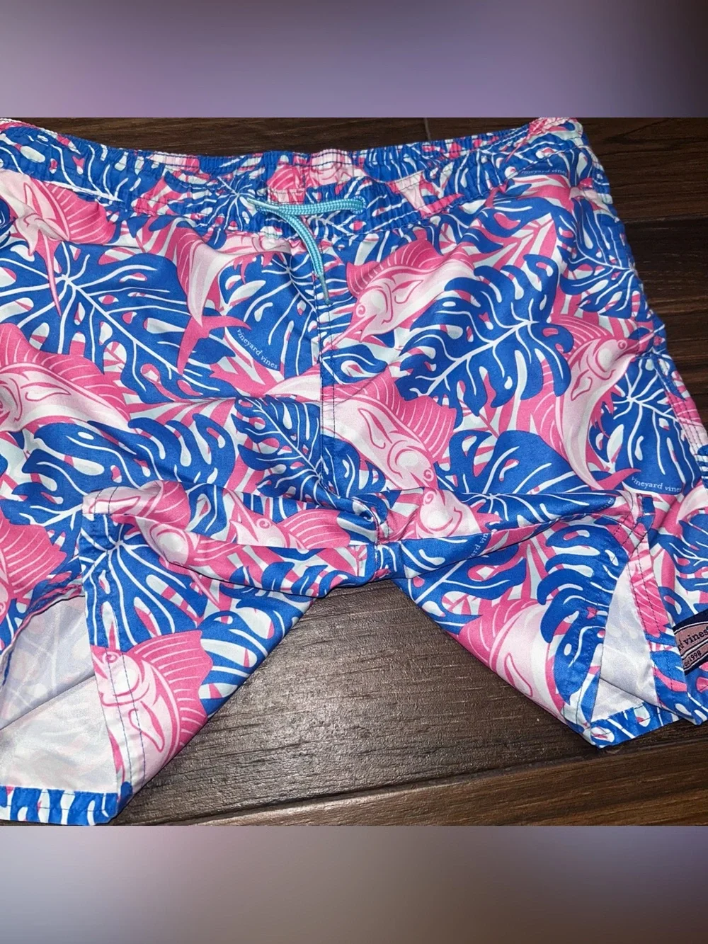 Vineyard Vines Boys Swim Trunks Small 8 10 Blue Pink Marlins Pockets